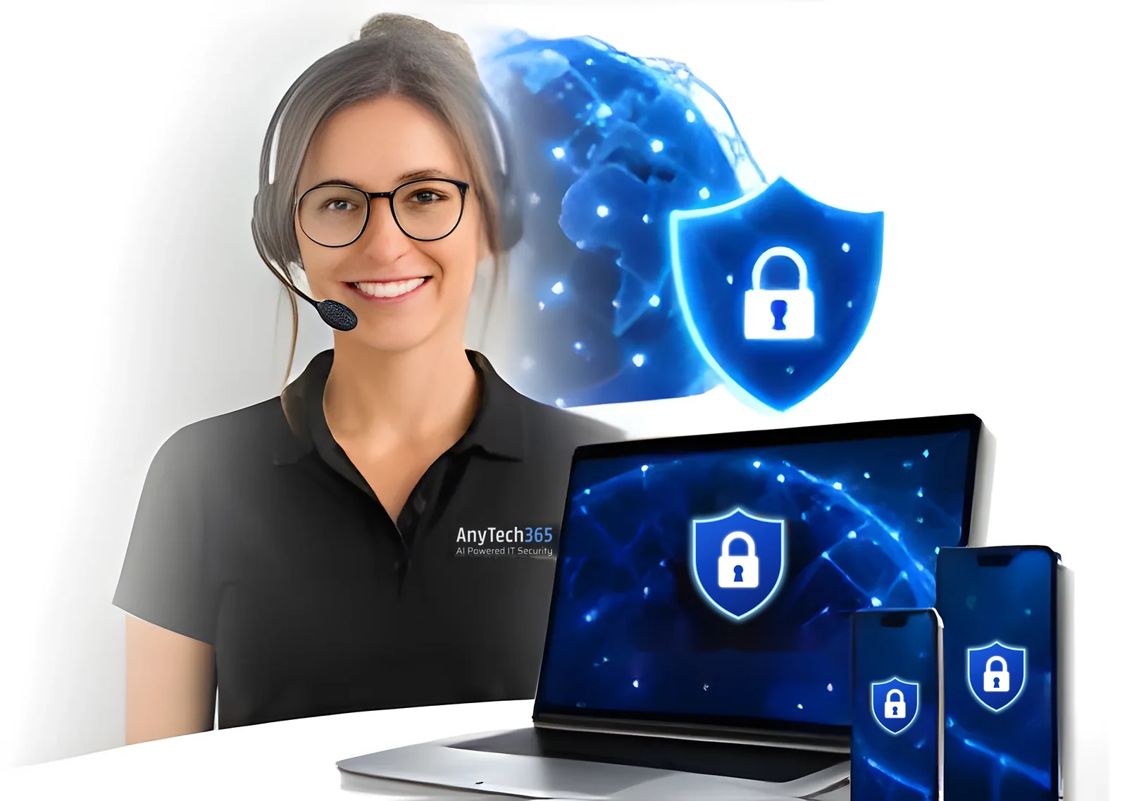 AnyTech365 support specialist with a headset, beside a laptop and phones showing a security shield